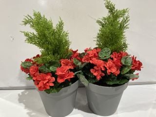 2 X ARTIFICIAL RED GERANIUMS AND CEDAR TOPIARY IN GREY PLASTIC POT