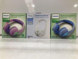 3 X PHILIPS 4000 SERIES WIRELESS KIDS HEADPHONES BLUE AND PINK AND PHILLIPS 2000 HEADPHONES WITH MIC WHITE TOTAL RRP £107