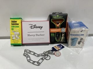 BOX OF ASSORTED ITEMS TO INCLUDE DISNEY HARRY BARKER SMALL CERAMIC MICKEY EARS DOG BOWL AND FURMINATOR UNDERCOAT DESHEDDING TOOL