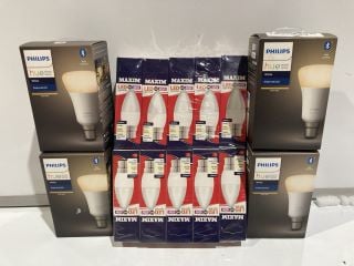 BOX OF ASSORTED ITEMS TO INCLUDE PHILIPS HUE SINGLE BULB B22 WHITE AND MAXIM LED LIGHT BULB WHITE