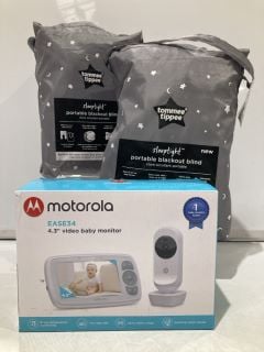 3 X MOTOROLA EASE34 4.3" VIDEO BABY MONITOR WHITE AND TOMMEE TIPPEE SLEEPTIGHT PORTABLE BLACKOUT BLIND GREY 130X198CM TOTAL RRP £133