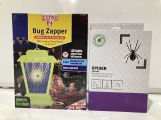 BOX OF ASSORTED ITEMS TO INCLUDE ZERO IN BUG ZAPPER INDOOR AND OUTDOOR USE AND SPIDER VACUUM