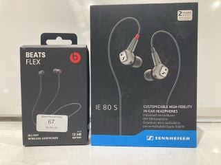 2 X SENNHEISER IE 80 S CUSTOMIZABLE HIGH-FIDELITY IN-EAR HEADPHONES BLACK AND BEATS FLEX ALL-DAY WIRELESS EARPHONES BLACK TOTAL RRP £142