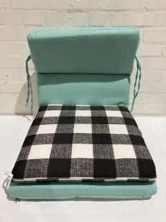 QTY OF ITEMS INCLUDING BLACK AND WHITE CHECKED OUTDOOR CHAIR CUSHION