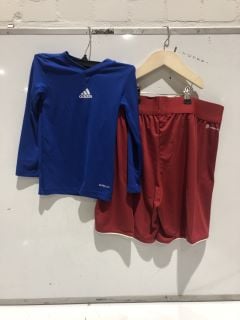 QTY OF CLOTHING INCLUDING ADIDAS RED AND WHITE SHORTS XL