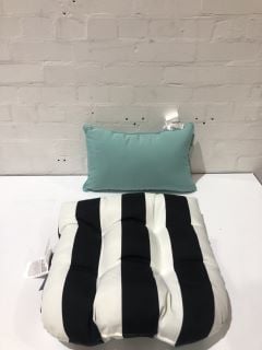 QTY OF ITEMS INCLUDING BLACK AND WHITE STRIPED OUTDOOR CUSHION