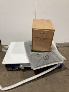 PALLET OF ASSORTED ITEMS TO INCLUDE, WHITE DESK TABLE, CHESTER DRAW