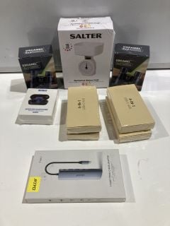 QTY OF ASSORTED ITEMS TO INCLUDE SALTER MECHANICAL KITCHEN SCALE, 4 IN 1 USB - C HUB