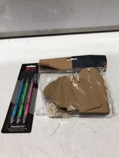 A QTY OF ASSORTED ITEMS TO INCLUDE BARE BASICS KRAFT TAGS, ROTRING MECHANICAL PENS PACK OF 3