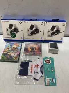 QTY OF ASSORTED ITEMS TO INCLUDE TWIN CHARGING STATION FOR DUAL SENSE WIRELESS CONTROLLER