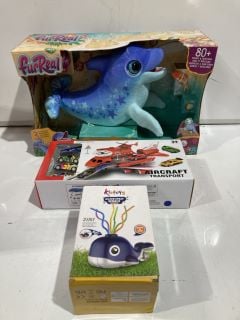 BOX OF ASSORTED CHILDRENS TOYS TO INCLUDE FURREAL DAZZLIN' DIMPLES MY PLAYFUL DOLPHIN, PIRATE CLOCK