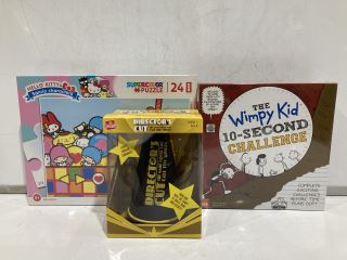 BOX OF ASSORTED CHILDRENS TOYS TO INCLUDE GOLIATH DIRECTORS CUT, THE WIMPY KID 10 SECOND CHALLENGE BOARD GAME