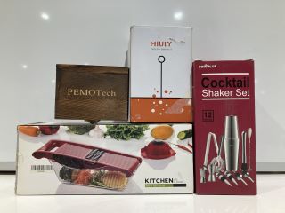 BOX OF ASSORTED GENERAL ITEMS TO INCLUDE ATTCL EYEWEAR GLASSES, INNOPLUS COCKTAIL SHAKER SET