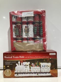 BOX OF ASSORTED CHRISTMAS ITEMS TO INCLUDE CHRISTMAS MARKET MAGICAL TRAIN RIDE, 12 LUXURY CRACKERS