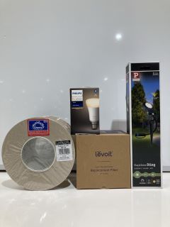 BOX OF ASSORTED HOUSEHOLD ITEMS TO INCLUDE LEVOIT MINI AIR PURIFIER REPLACEMENT FILTER