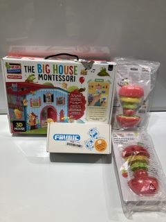 BOX OF ASSORTED CHILDRENS ITEMS TO INCLUDE THE BIG HOUSE MONTESSORI, LAMAZE STACK & NEST FRUIT PALS