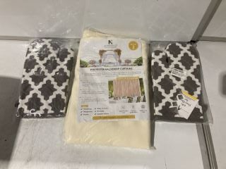 BOX OF ASSORTED HOUSEHOLD ITEMS TO INCLUDE SLEEPDOWN SEQUIN LEAVES CUSHION WHITE, POLYESTER BACKDROP CURTAINS