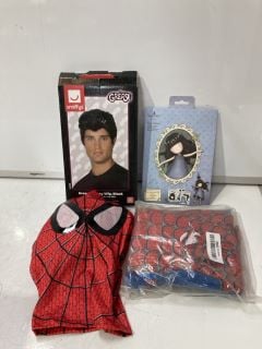 BOX OF ASSORTED GENERAL ITEMS TO INCLUDE SMIFFYS GREASE DANNY WIG, SPIDERMAN KIDS COSTUME