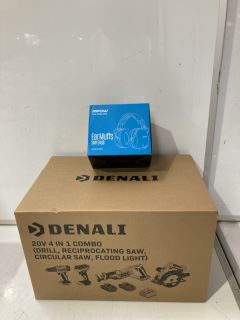 BOX OF ASSORTED WORKPLACE ITEMS TO INCLUDE DENALI 20V 4 IN 1 SET, TO INCLUDE MPOW EAR MUFFS SNR 34DB