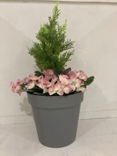 QTY OF FLOWERS TO INCLUDE ARTIFICIAL PURPLE GERANIUM GREY PATIO PLANTER