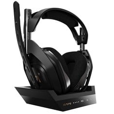 ASTRO GAMING A50 WIRELESS GAMING HEADSET + CHARGING BASE STATION, GAME/VOICE BALANCE CONTROL, 2.4 GHZ WIRELESS, 15 M RANGE, FOR XBOX SERIES X|S, XBOX ONE, PC, MAC - BLACK/GOLD. RRP £136: LOCATION - B