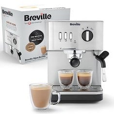 BREVILLE BIJOU ESPRESSO MACHINE | AUTOMATIC AND MANUAL ESPRESSO, CAPPUCCINO & LATTE MAKER | 15 BAR PUMP | STEAM WAND | SILVER [VCF149]. RRP £112: LOCATION - C RACK