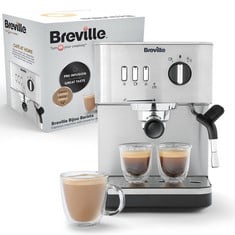 BREVILLE BIJOU ESPRESSO MACHINE | AUTOMATIC AND MANUAL ESPRESSO, CAPPUCCINO & LATTE MAKER | 15 BAR PUMP | STEAM WAND | SILVER [VCF149]. RRP £112: LOCATION - C RACK