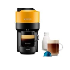 NESPRESSO VERTUO POP AUTOMATIC POD COFFEE MACHINE FOR AMERICANO, DECAF, ESPRESSO BY MAGIMIX IN MANGO YELLOW.: LOCATION - BACK WALL