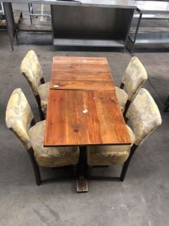 2 X SQUARE POLISHED WOODEN PUB TABLES TO INCLUDE 4 X GOLD FLORAL FABRIC DINING CHAIRS