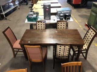 DARK VARNISHED DINING TABLE L160 X W70 X H75CM TO INCLUDE 6 X ASSORTED DESIGN PADDED DINING CHAIRS