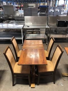 2 X SQUARE POLISHED WOODEN PUB TABLES TO INCLUDE 4 X AMBER COLOURED PADDED DINING CHAIRS