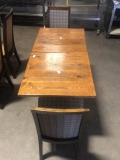 2 X SQUARE WOOODEN PUB TABLES TO INCLUDE 2 X GREY/YELLOW TARTAN PATTERN DINING CHAIRS