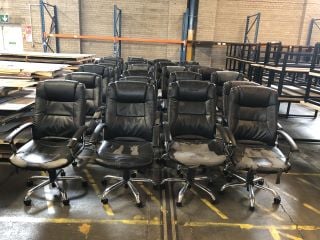 36 X BLACK LEATHER OFFICE SPINNING CHAIRS 1 X GREY LEATHER SPINNING STAINLESS STEEL OFFICE CHAIR 1 X RED AND BLACK FABRIC SPINNING OFFICE CHAIR