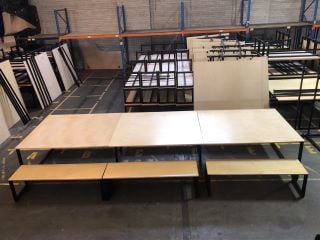 3 PART MODULAR NATURAL WOOD STYLE CATERING TABLE (L480 X W150 X H75CM) TO INCLUDE 6 X NATURAL WOOD STYLE METAL FRAME BENCHES