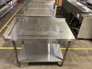 SMALL STAINLESS STEEL COUNTERTOP WITH LOWER BOTTOM SHELF TO INCLUDE STAINLESS STEEL SHELF UNIT W66 X H88 X L110CM