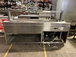 LARGE STAINLESS STEEL COMMERCIAL REFRIDGERATED PREPERATION COUNTERTOP WITH CONDENSING UNIT (MISSING PARTS) L236 X W83 X H131CM