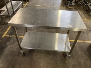 STAINLESS STEEL TABLETOP WITH BOTTOM SHELF ON WHEELS W60 X H88X L120CM