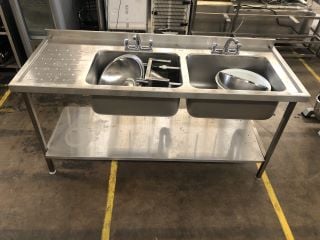 STAINLESS STEEL DOUBLE SINK COUNTERTOP WITH LOWER SHELF AND DRAINING RACK TO INCLUDE STAINLESS STEEL HANDWASH SINK AND MIXING BOWLS L180 X W70 X H92CM