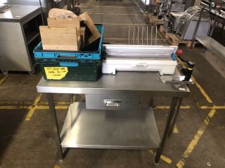 STAINLESS STEEL COUNTERTOP WITH BOTTOM SHELF WITH BONZER CAN OPENER ATTACHMENT AND DRAW (L100 X D70 X H90CM)TO INCLUDE WRAPMASTER 4500  AND WOODEN BUTCHER BLOCKS