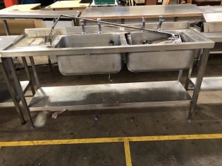 STAINLESS STEEL DOUBLE SINK WITH DRAINING RACK (L180 X D60 X H93CM) TO INCLUDE STAINLESS STEEL HANDWASH SINK AND QTY OF PLUMBING PARTS