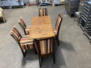 2 X SQUARE POLISHED WOODEN PUB TABLES TO INCLUDE 5 X MULTI-COLOURED STRIPED PADDED CHAIRS