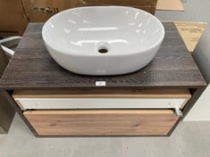 WALL MOUNTED BATHROOM VANITY UNIT WITH BROWN OVAL WASHBASIN (BROKEN TOP DRAWER).