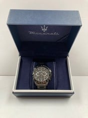 MASERATI BLACK AND SILVER WATCH MODEL 85385279 - LOCATION 2A.