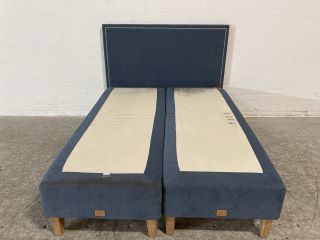 MATTSONS RISE NAVY BLUE COLOURED 2 PART CONTINENTAL BED TO INCLUDE NAVY BLUE SUDDED HEADBOARD L200 X W150CM