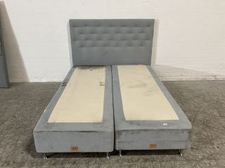 MATTSONS RISE STONE COLOURED SILVER FLUTE LEGGED CONTINENTAL BED TO INCLUDE LIGHT GREY QUILTED HEADBOARD L200 X W150CM