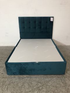 DARK SEA GREEN COLOURED VELVET STYLE FABRIC 2 DRAW DIVAN BED TO INCLUDE DARK SEA GREEN COLOURED CUBE CONTINENTAL 150CM HEADBOARD L200 X W150CM