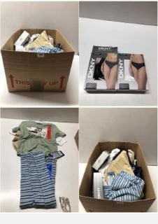 BOX OF CLOTHING ITEMS IN VARIOUS SIZES & DESIGNS