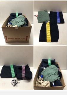 BOX OF CLOTHING ITEMS IN VARIOUS SIZES & DESIGNS