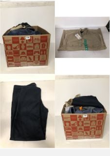 BOX OF CLOTHING IN VARIOUS SIZES & DESIGNS TO INCLUDE TOWELS