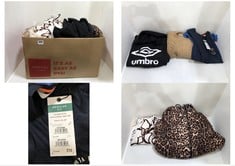 BOX OF ASSORTED CLOTHES TO INCLUDE UMBRO BLACK PULLOVER HOODIE - SIZE L